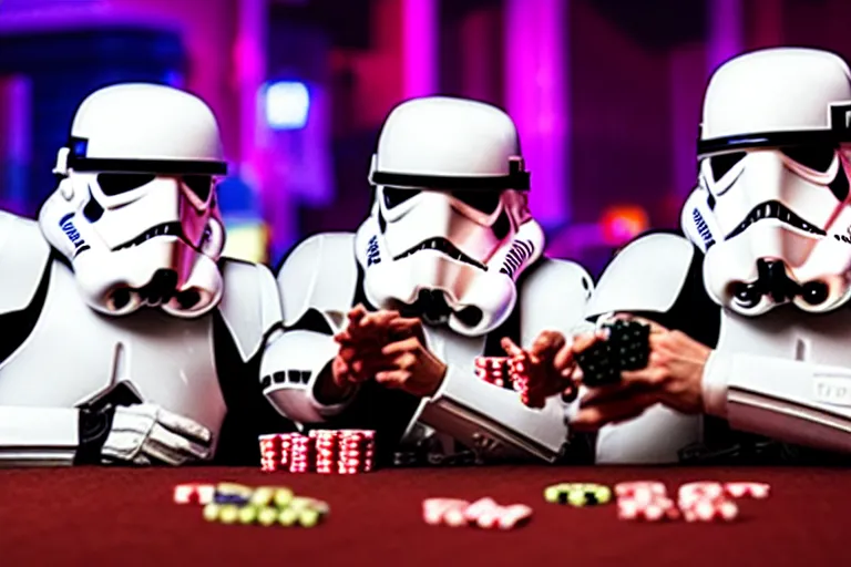 Prompt: a photo of two stormtroopers playing craps in las vegas, ultra wide shot, 2 4 mm, bokeh, blurred background, colorful lights