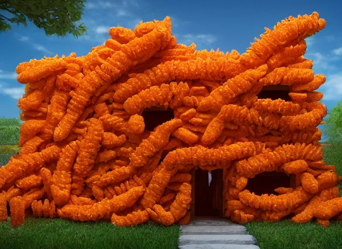Image similar to a house with walls of cheetos, award winning photography, trending on artstation, highly detailed
