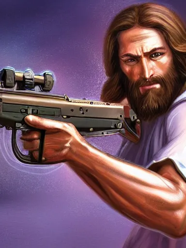 Prompt: jesus christ firing ak - 4 7. intricate, elegant, highly detailed, digital painting, artstation, concept art, sharp focus, illustration, by justin gerard and artgerm, 8 k