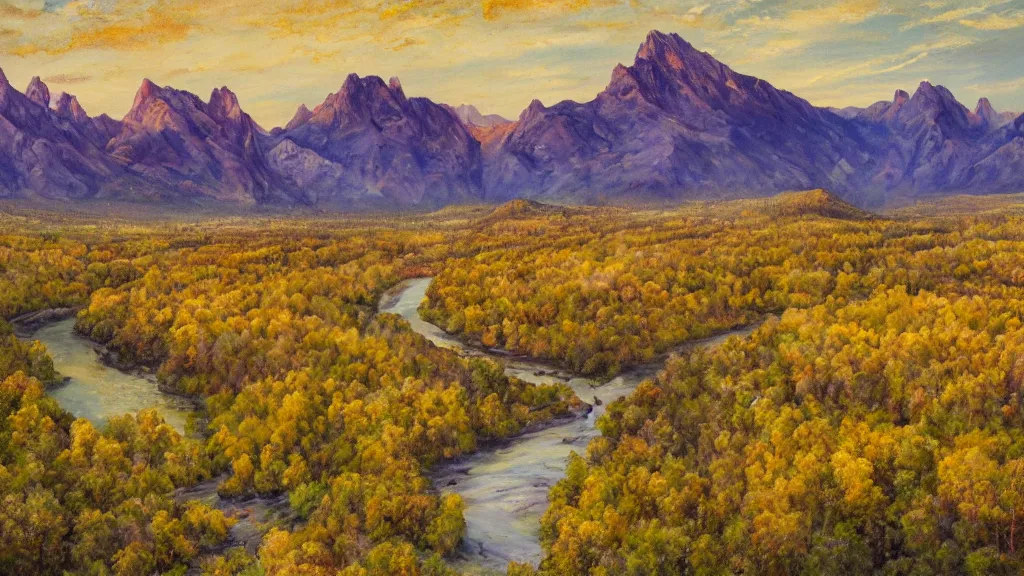 Prompt: The most beautiful panoramic landscape, oil painting, where the mountains are towering over the valley below their peaks shrouded in mist, the sun is just peeking over the horizon producing an awesome flare and the sky is ablaze with warm colors, lots of birds and stratus clouds. The river is winding its way through the valley and the trees are starting to turn yellow and red, by Greg Rutkowski, aerial view, naturalism