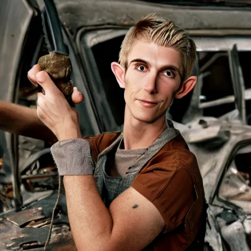 Image similar to close up headshot of a skinny high-fantasy elf with a long face narrow chin and spiky blonde hair wearing dark brown overalls and holding a bomb next to a destroyed car, gel spiked blond hair, small ears, narrow lips, high resolution film still, HDR color