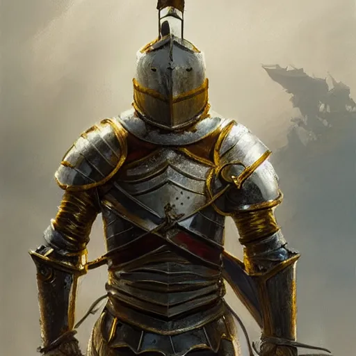 Image similar to very detailed knight's costume, with gold and silver, flags and ropes, james gurney, greg rutkowski, deviantart, artstation, depth of field effect