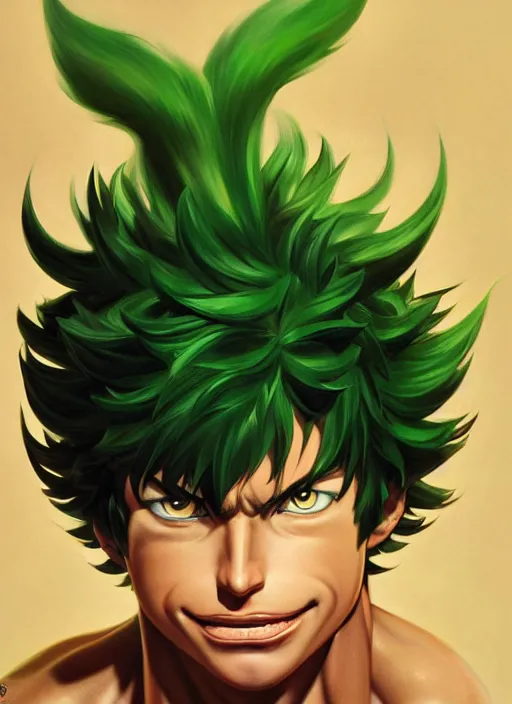 Image similar to a epic portrait of izuku midoriya, art by boris vallejo and greg danton and denys tsiperko, detailed, hyperrealism, artstation