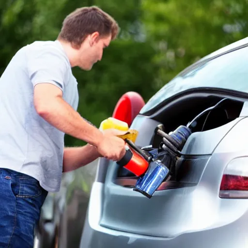 Prompt: man siphoning fuel from a cars gas tank