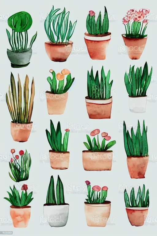 Image similar to minimalist watercolor art of cute flower pots on white background, illustration, vector art