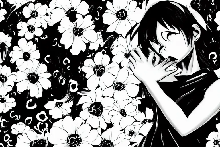 Prompt: “Extremely distraught black and white anime girl dramatically crying with flowers petals being blown around her by a violent wind, black and white”