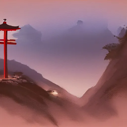 Image similar to Japanese Torii in a moutain ,night , by Grzegorz Rutkowski, concept art