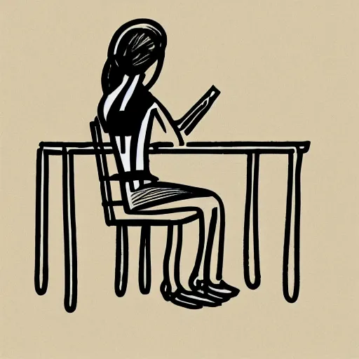 Prompt: stylized drawing of a girl sitting at a desk studying