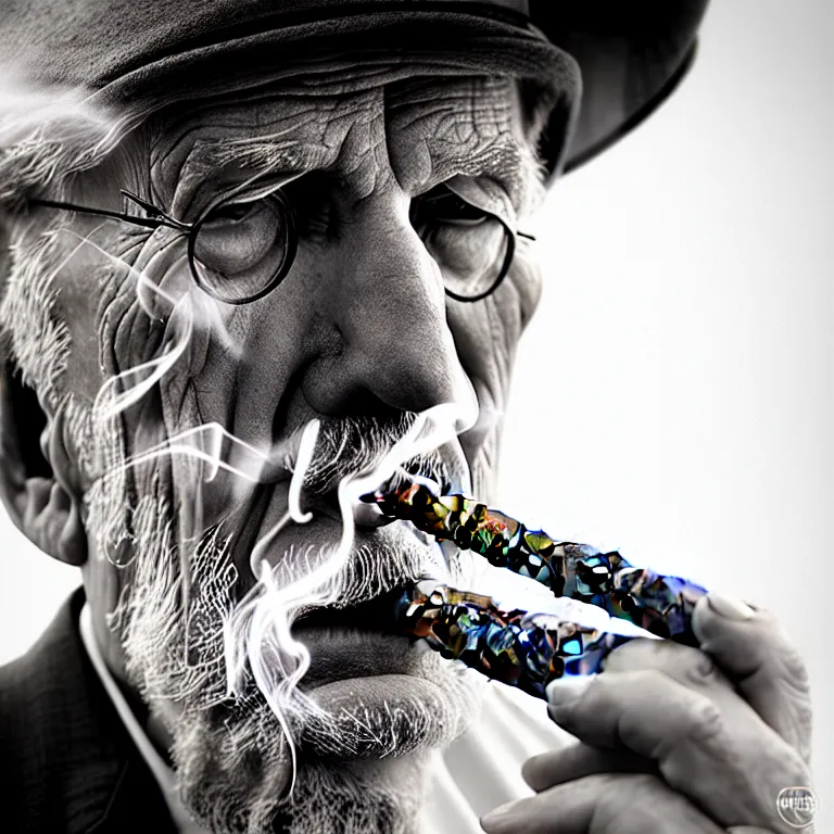 Prompt: a detailed portrait of an old man, smoking a perfectly symmetrical cuban cigar, cinematic photography, smoke rising like clouds, beautifully symmetrical, super resolution, cgi, trending on art station, volumetric lighting & shadows, hyper detailed, 8 k, unreal engine, canon 2 0 0 mm,