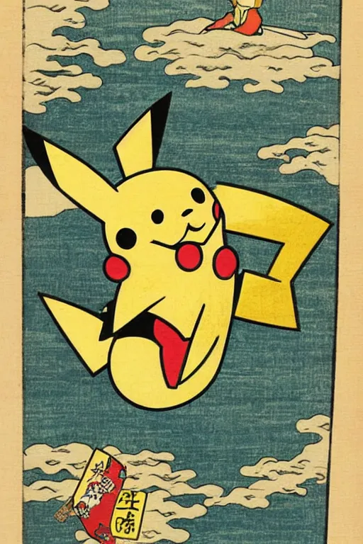 Image similar to Surfing Pikachu, Japanese ukiyo-e ukiyo-ye woodblock print, by Moronobu