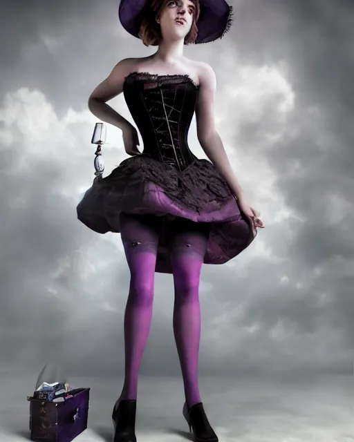 Image similar to full shot portrait painting of very beautiful emma watson standing as black violet maiden in stockings corset noir streets, character design by mark ryden and pixar, ue 5, daz, hyperrealistic, octane render, cosplay, rpg portrait, dynamic lighting, intricate detail, cinematic