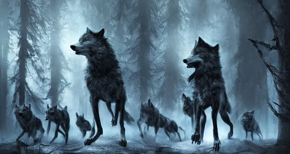 Image similar to an epic action concept masterpiece of a rabid wolfpack, in a forest made of nightmares, inspired by sd ai. horrific digital art, extremely moody lighting