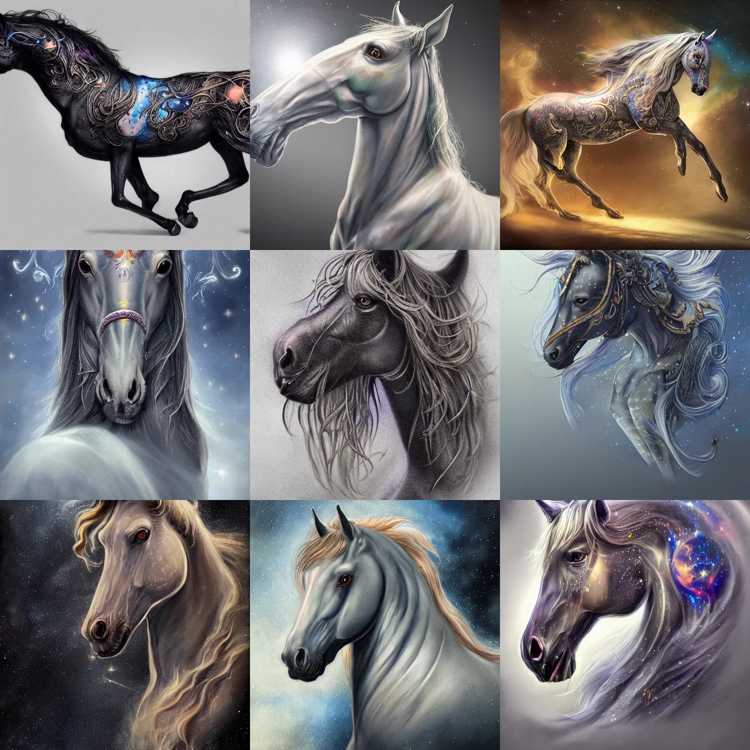 Prompt: a WLOP 3d render of Very very very very highly detailed beautiful mystic portrait of a phantom horse with whirling galaxy around, tattoos by Anton Pieck, intricate, extremely detailed, digital painting, artstation, concept art, smooth, sharp focus, illustration, intimidating lighting, incredible art,