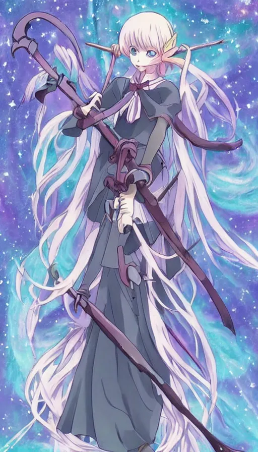 Image similar to a beautiful link drawing of the being death as a cute anime girl with a giant scythe from a studio ghibli film inspired by the death tarot card, dark vibes, pastel colors, cosmic,