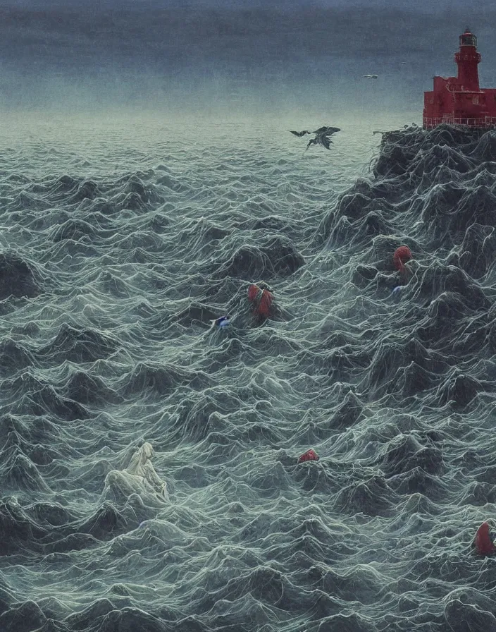 Image similar to worshippers in robes belonging to the cult of the lighthouse standing in waves with ravens flying overhead, a lighthouse, ravens, high detailed beksinski painting, part by adrian ghenie and gerhard richter. art by takato yamamoto and gerald scarfe. masterpiece, dark and moody, deep colours, blue