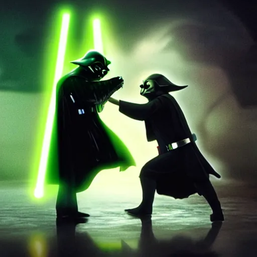 Image similar to stunning awe inspiring darth vader fighting yoda, movie still 8 k hdr atmospheric lighting