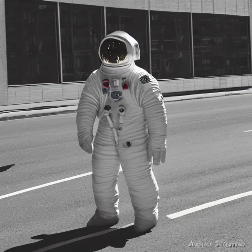 Prompt: lonely astronaut in a middle of a big city road, Adriane Tomine