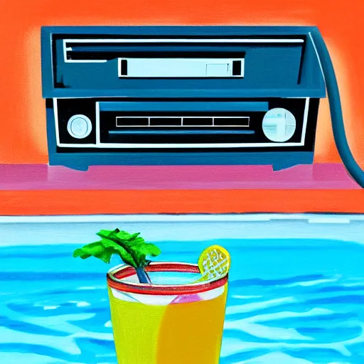 Prompt: A vintage cassette player next to the edge of a pool with a cocktail next to it, gouche painting, neon