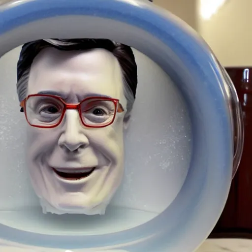 Image similar to stephen colbert face inside a foamy!!! a clear beer stein, 8 k, ultra realistic details