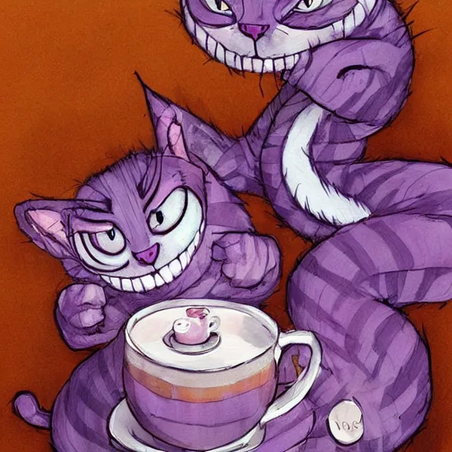 Image similar to cheshire cat drinking tea, by cory loftis, character art, art, very coherent, plain background, lighthearted, soft painting