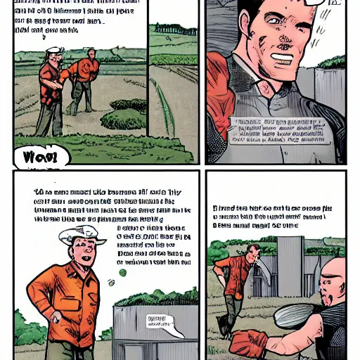 Image similar to comic book page of a farmer yelling, speech bubble with text