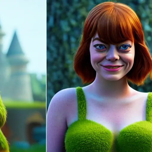 Image similar to Emma Stone as a female version of Shrek, Shrek face features, fully detailed, high quality , 4k , octane render , soft lightening , masterpiece