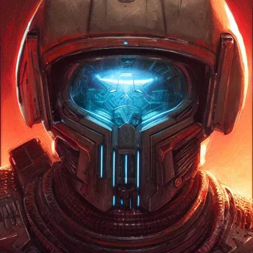 Image similar to the doomslayer with bright glowing armor as a realistic scifi cyberpunk knight, closeup portrait art by donato giancola and greg rutkowski, vintage retro scifi, realistic face, digital art, trending on artstation, symmetry!!!