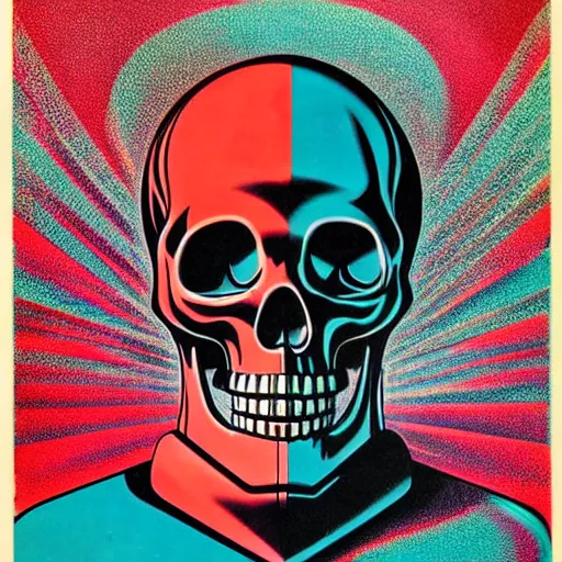 Image similar to 1 9 7 0 s airbrushed poster featuring art deco chrome skull, key light, intricate ornamental designs