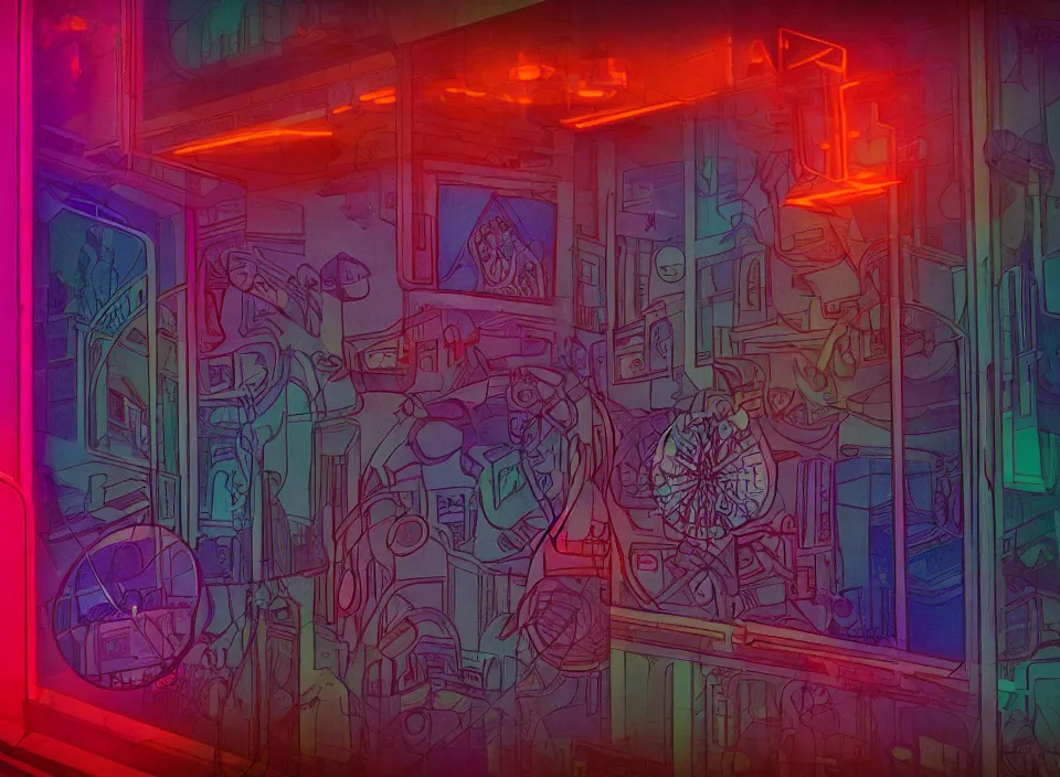 Image similar to telephoto 7 0 mm f / 2. 8 iso 2 0 0 photograph depicting the 5 6 6 of craziness in an expensive cluttered french sci - fi ( art nouveau ) pale cyberpunk redacted in a pastel dreamstate art cinema style. ( dream, project, window ( city ), led indicator, lamp ( ( ( mirror ) ) ) ), ambient light.