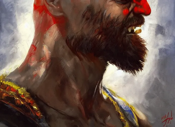 Image similar to a highly detailed beautiful portrait of jim carrey as kratos, by gregory manchess, james gurney, james jean