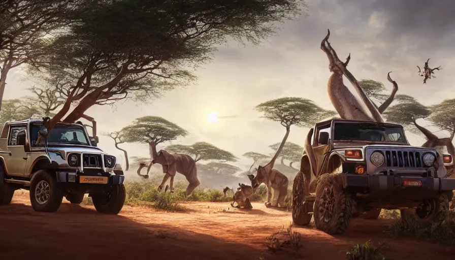 Image similar to mahindra thar driving through madagascar road with baobabs trees, animals running along, tribe members attacking, action scene, an epic fantasy, wide shot, artgerm, trending on artstation, masterpiece, by greg rutkowski, by ross tran, by fenghua zhong, octane, soft render, ultrarealistic, colorful, cinematic, midsommar