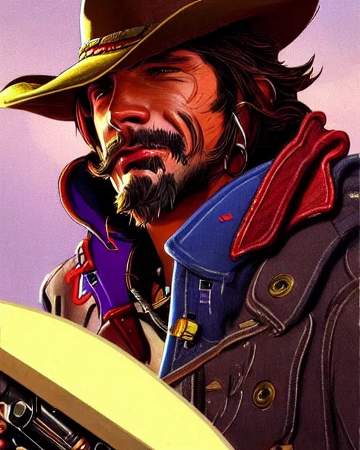 Image similar to mccree from overwatch, character portrait, portrait, close up, concept art, intricate details, highly detailed, vintage sci - fi poster, retro future, in the style of chris foss, rodger dean, moebius, michael whelan, and gustave dore