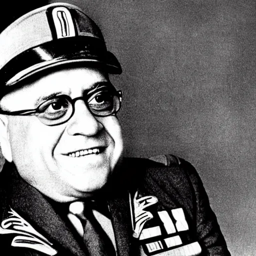 Prompt: portrait photograph of Danny DeVito as a WW2 Nazi Germany general