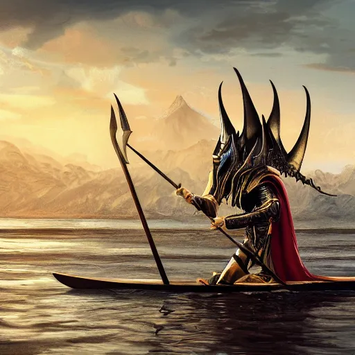 Prompt: lord sauron on his new paddle, digital art, trending on art station, high quality, uhd 8 k, beautiful, golden hour, intricate detail, high gradient, raytracing