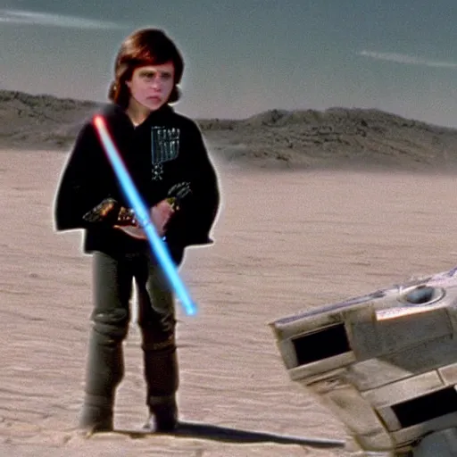 Image similar to a film still of young pre - teen able in star wars 1 9 7 7, realistic, photorealistic