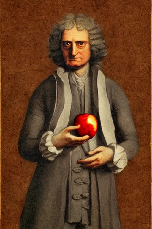 Image similar to isaac newton holding an apple, collage