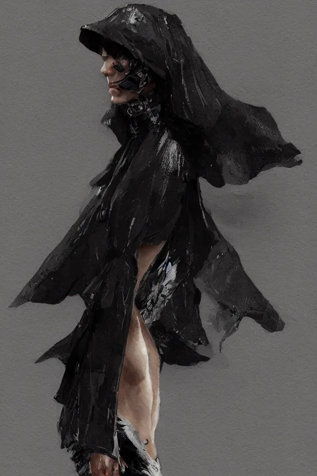 Image similar to realistic render, digital fashion, beautiful woman in tactical poncho designed by alexander mcqueen and acronym, iridiscent rim light, high key, ultra detailed, hyperdetailed, dark backdrop, trending on artstation, phil hale, greg rutkowski