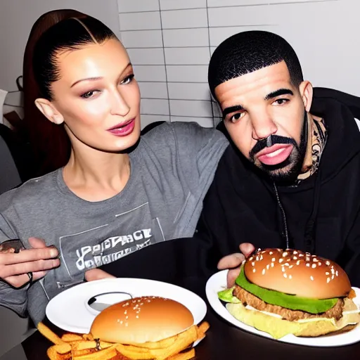 Image similar to rapper drake eating at burger king's fast food with bella hadid, photorealistic, dynamic light, ultra detailed