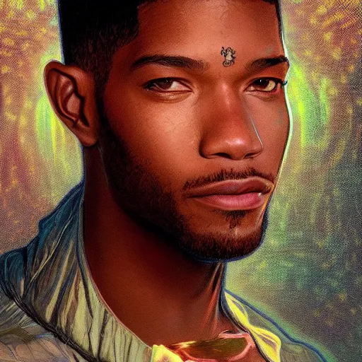 Image similar to scifi character portrait of Kid Cudi, utopian mood, intricate, wild, highly detailed, digital painting, artstation, concept art, smooth, sharp focus, illustration, art by artgerm and greg rutkowski and alphonse mucha