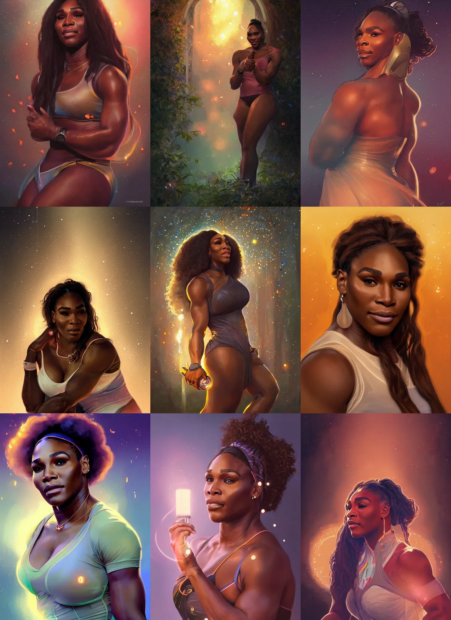 Prompt: portrait of Serena Williams, mystical lighting, fireflies bokeh, highly detailed, digital painting, artstation, concept art, smooth, sharp focus, illustration, art by artgerm and greg rutkowski and alphonse mucha