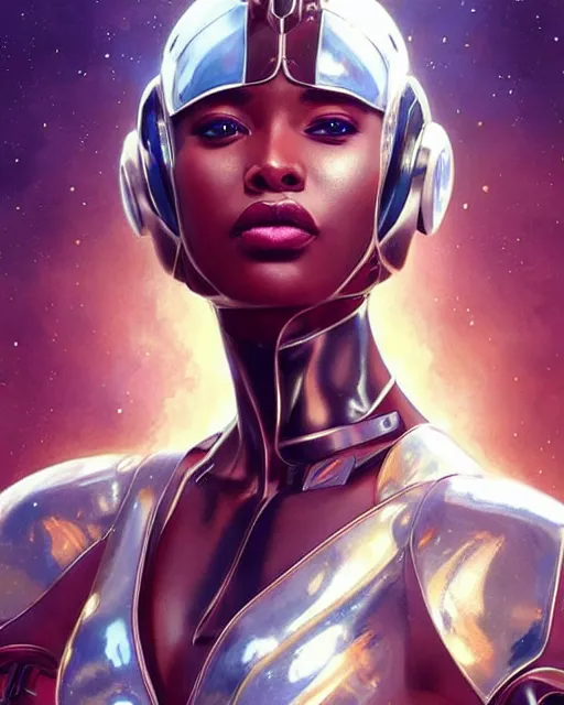 Image similar to Epic Poster of very very very very very very beautiful african woman, spacesuit, futuristic cybernetic helmet, blue eyes, real life skin, intricate, elegant, highly detailed, artstation, concept art, smooth, sharp focus, art by artgerm and greg rutkowski and alphonse mucha