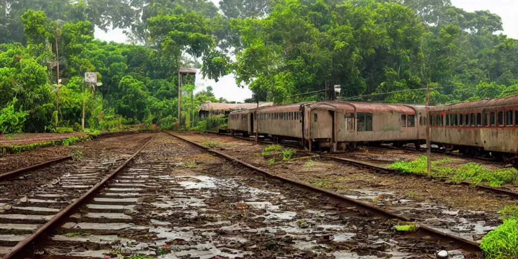 Image similar to abandoned sri lankan train station, cats, rain, mud, greenery, photograph