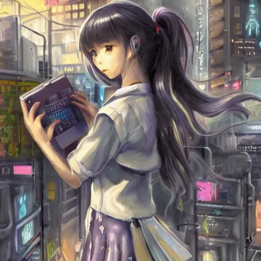 Image similar to dynamic composition, motion, ultra-detailed, incredibly detailed, a lot of details, amazing fine details and brush strokes, colorful and grayish palette, smooth, HD semirealistic anime CG concept art digital painting, watercolor oil painting of Clean and detailed post-cyberpunk sci-fi close-up schoolgirl in asian city in style of cytus and deemo, blue flame, relaxing, calm and mysterious vibes,, by a Chinese artist at ArtStation, by Huang Guangjian, Fenghua Zhong, Ruan Jia, Xin Jin and Wei Chang. Realistic artwork of a Chinese videogame, gradients, gentle an harmonic grayish colors. set in half-life 2, Matrix, GITS, Blade Runner, Neotokyo Source, Syndicate(2012), dynamic composition, beautiful with eerie vibes, very inspirational, very stylish, with gradients, surrealistic, dystopia, postapocalyptic vibes, depth of field, mist, rich cinematic atmosphere, perfect digital art, mystical journey in strange world