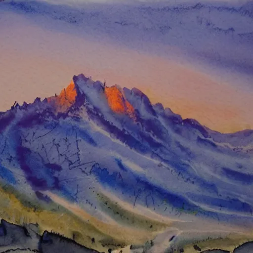 Prompt: couche de soleil sur montagne des alpes a l aquarelle