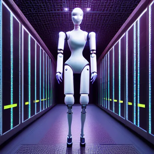 Prompt: hyperrealism stock photo of highly detailed stylish humanoid robot in sci - fi cyberpunk style by gragory crewdson and vincent di fate with many details by josan gonzalez working in the highly detailed data center by mike winkelmann and laurie greasley rendered in blender and octane render
