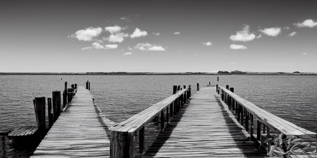 Image similar to infrared photograph of a seaside dock