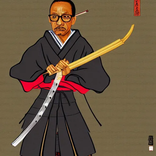 Image similar to gus fring from breaking bad wearing samurai armor and holding a katana in feudal japan, 4 k, hyper realistic, ink block painting, edo period