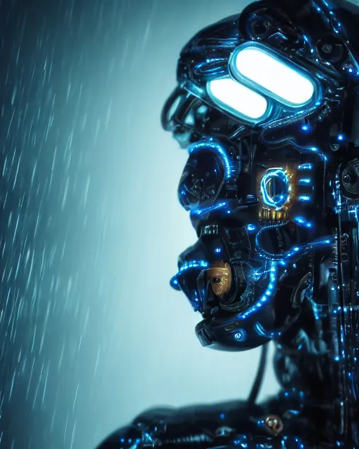 Prompt: photo of soulful female as a cyberpunk mecha humanoid robotic head and face parts with straight bright led lights, small light emitting cables, under a shower, wet skin with water dripping down face, ultra - realistic and detailed, long exposure 8 k