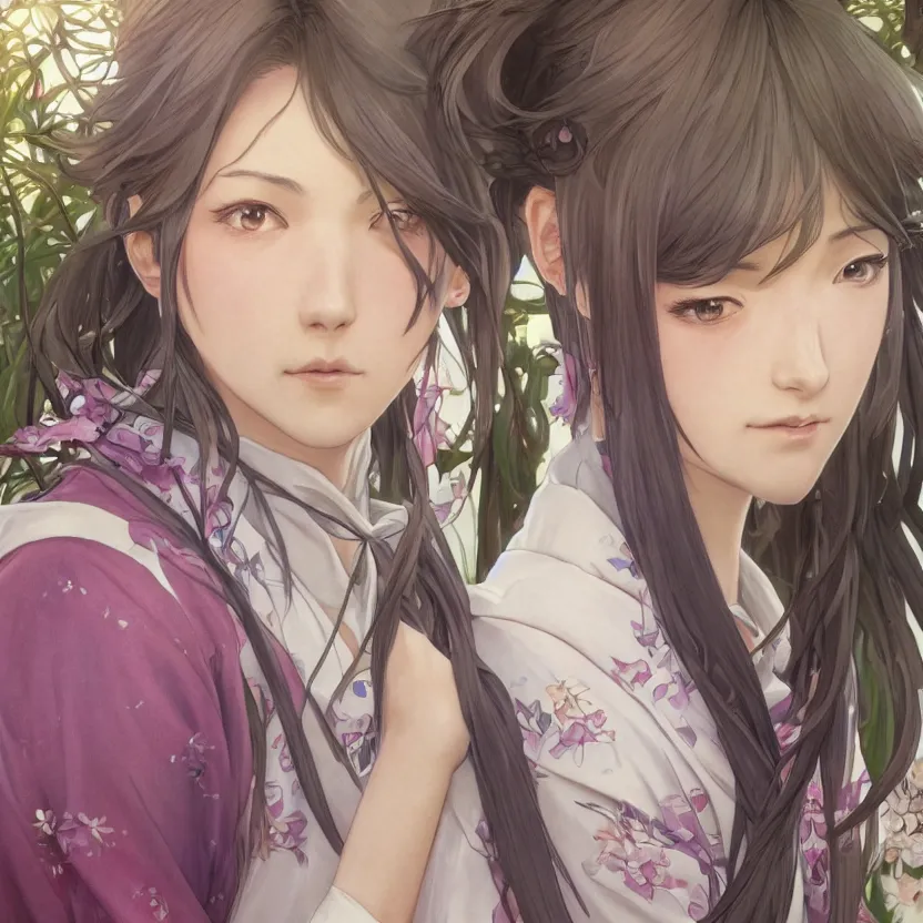 Image similar to portrait of a girl, sakura tree in background, yukata clothing, battlefield in background, anime style, short hair, hair down, symmetrical facial features, from arknights, hyper realistic, 4 k, extreme detail, detailed drawing, trending artstation, realistic lighting, by alphonse mucha, greg rutkowski, sharp focus, backlit