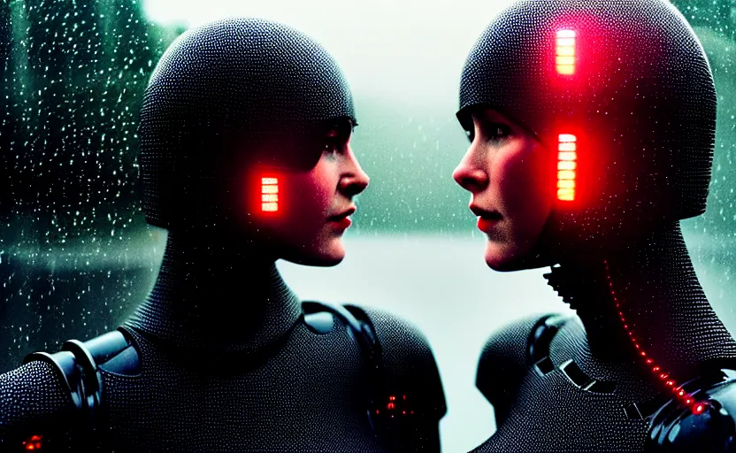 Image similar to cinestill 5 0 d candid photographic portrait by christopher nolan of two loving female androids wearing rugged black mesh techwear in treacherous waters, extreme closeup, modern cyberpunk moody emotional cinematic, pouring rain menacing red spotlight, 8 k, hd, high resolution, 3 5 mm, f / 3 2, ultra realistic faces, ex machina